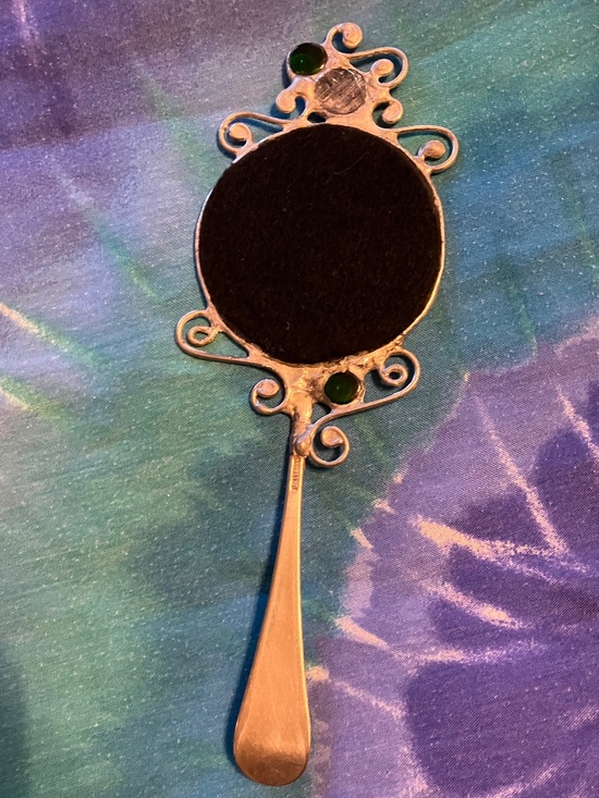 HAND HELD MIRROR, HAND MADE. HANDLE IS MADE FROM A PIECE OF VINTAGE SILVERWARE - Picture 6 of 11
